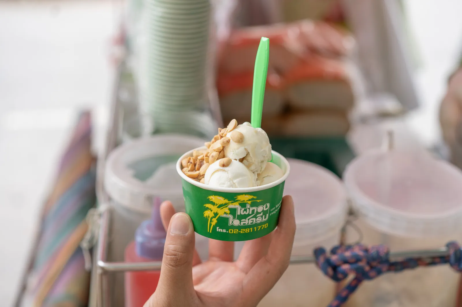 Old-school coconut ice cream with red jelly